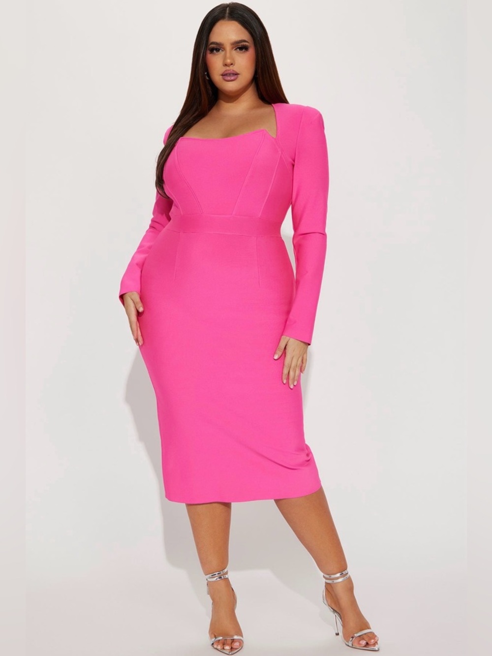 Fashion Nova Polly Bandage Midi Dress - Pink Long Sleeve Sheath Dress - Women 3X
